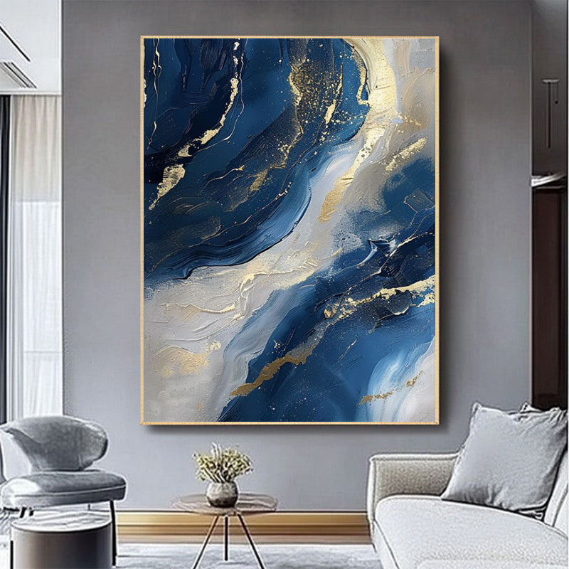 Luxury Handmade Abstract Oil Painting on Canvas Modern Golden Blue Minimalist Texture Wall Art for Living Room Decor Frameless
