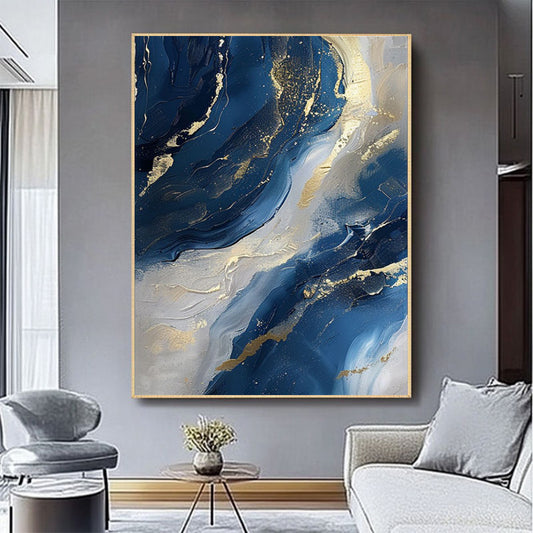 Luxury Handmade Abstract Oil Painting on Canvas Modern Golden Blue Minimalist Texture Wall Art for Living Room Decor Frameless