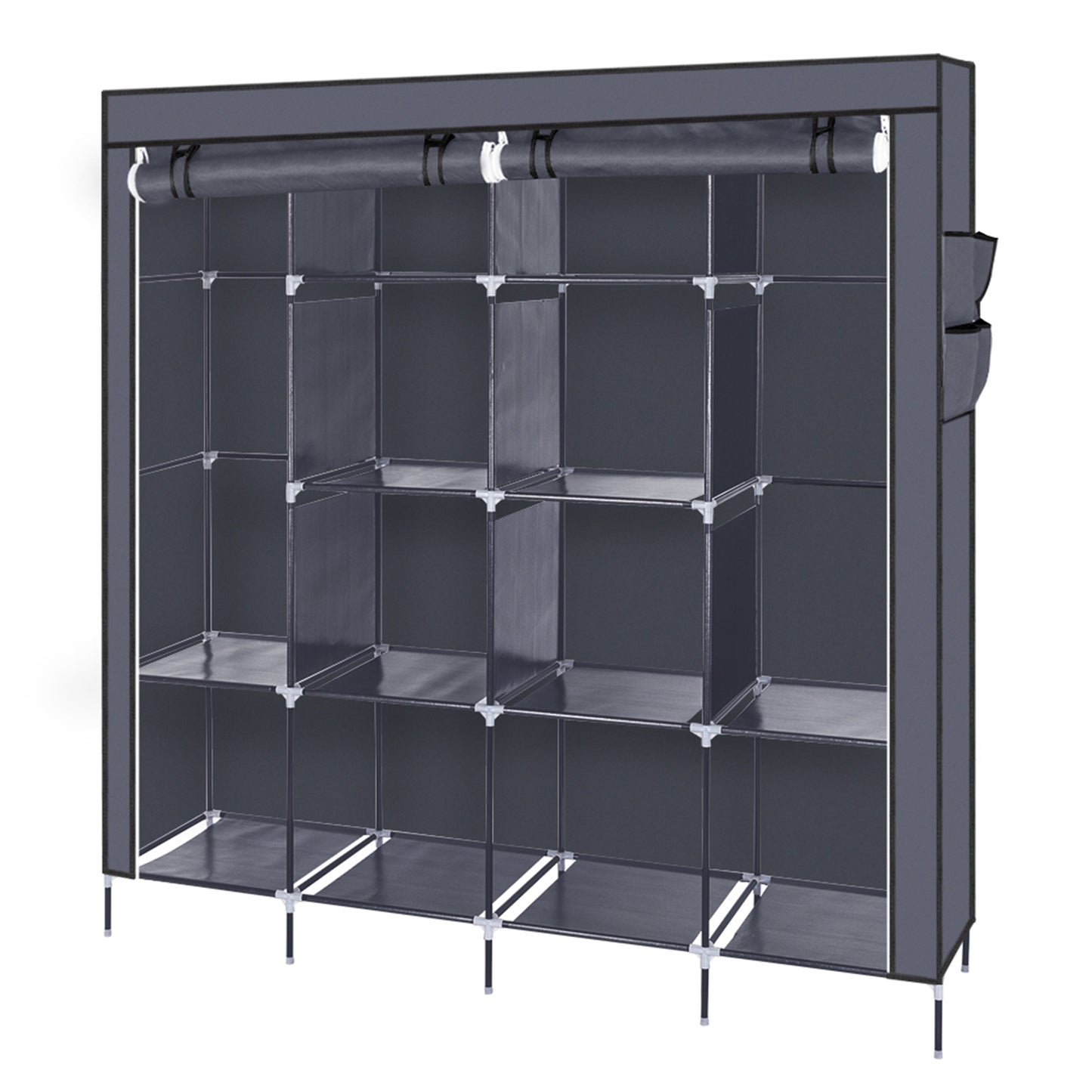 67 Inch Portable Wardrobe Closet Clothes Storage Rack with 12 Shelves and 4 Side Pockets Gray Organizer for Bedroom