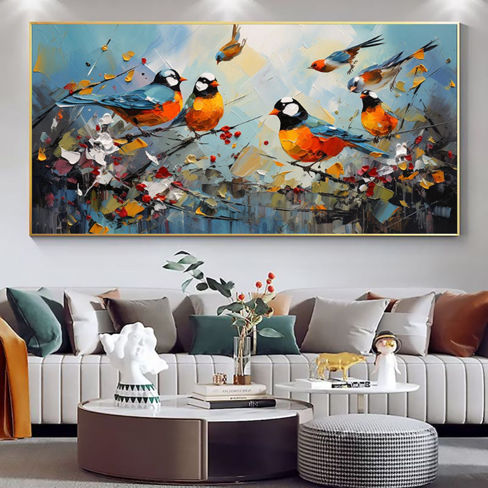 Hand Painted Kawaii Bird Oil Painting on Canvas Modern Abstract Magpie Wall Art for Living Room Home Decor