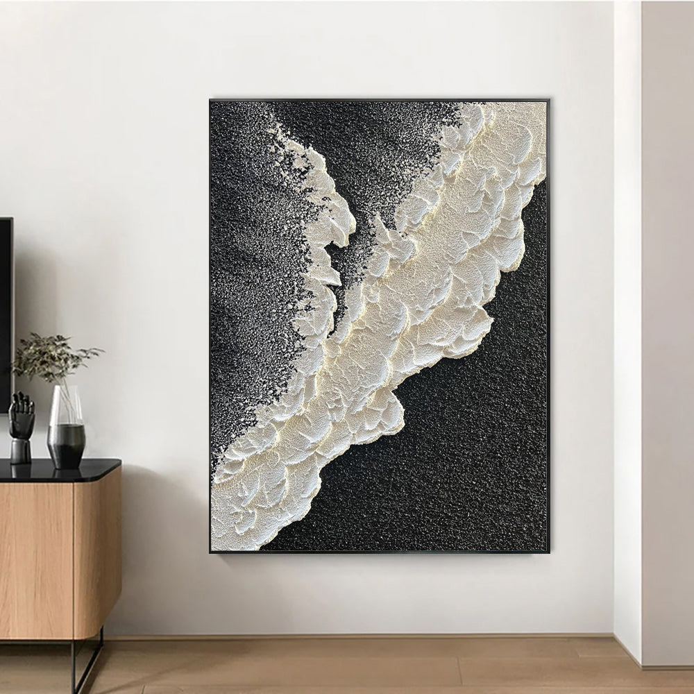 3D Texture Sea Wave Abstract Landscape Oil Painting Black White Canvas Wall Art Living Room Decor