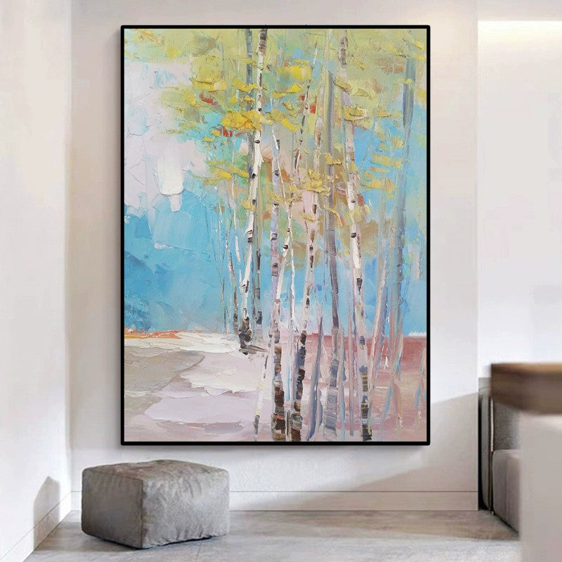 Handmade Birch Forest Oil Painting Canvas Wall Art Abstract Landscape Frameless Unstretched Home Decor
