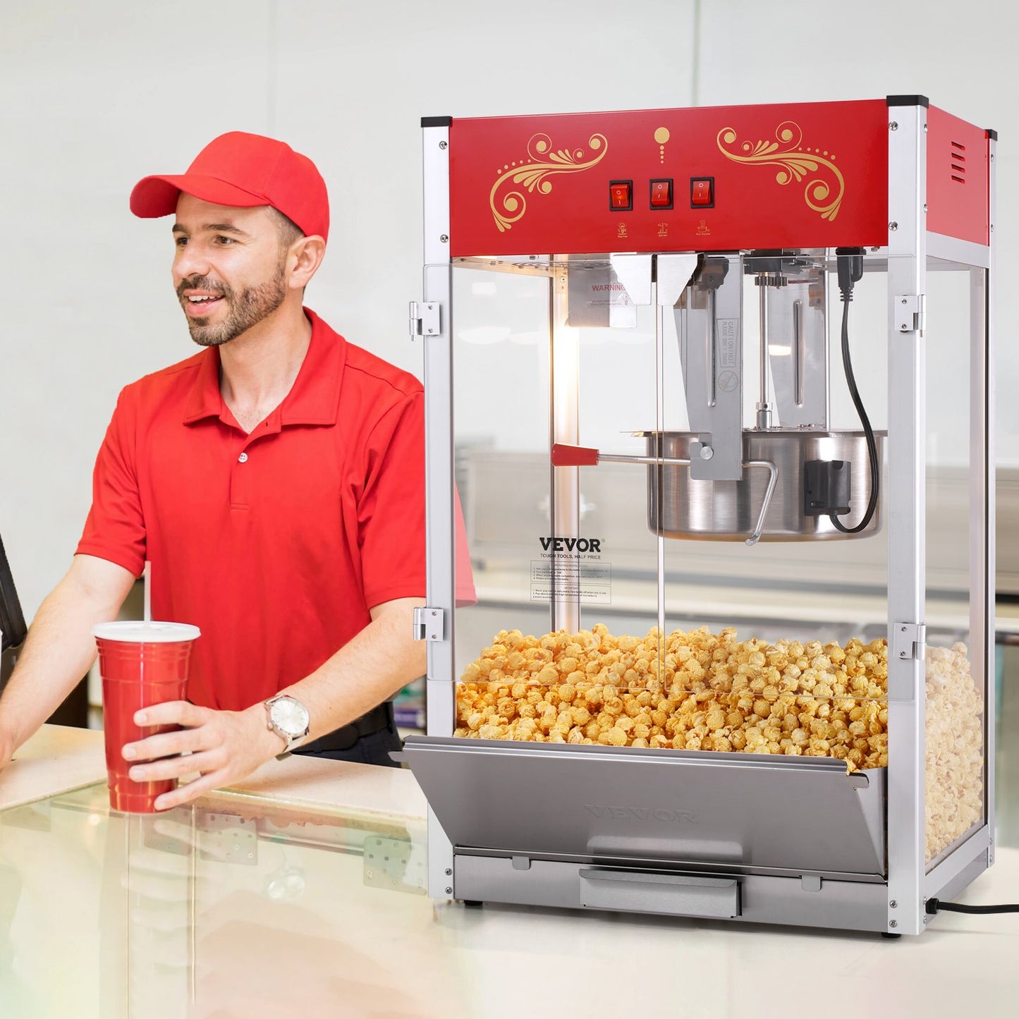 Countertop Popcorn Popper Machine 1615W 16 Oz Red Home Popcorn Maker