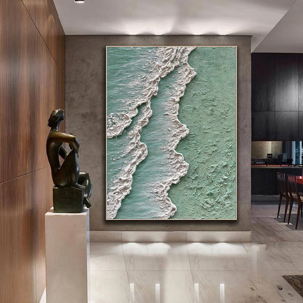 Abstract Ocean Waves Thick Texture Oil Painting Hand Painted Green White Cream Canvas Wall Art Wabi Sabi Home Decor