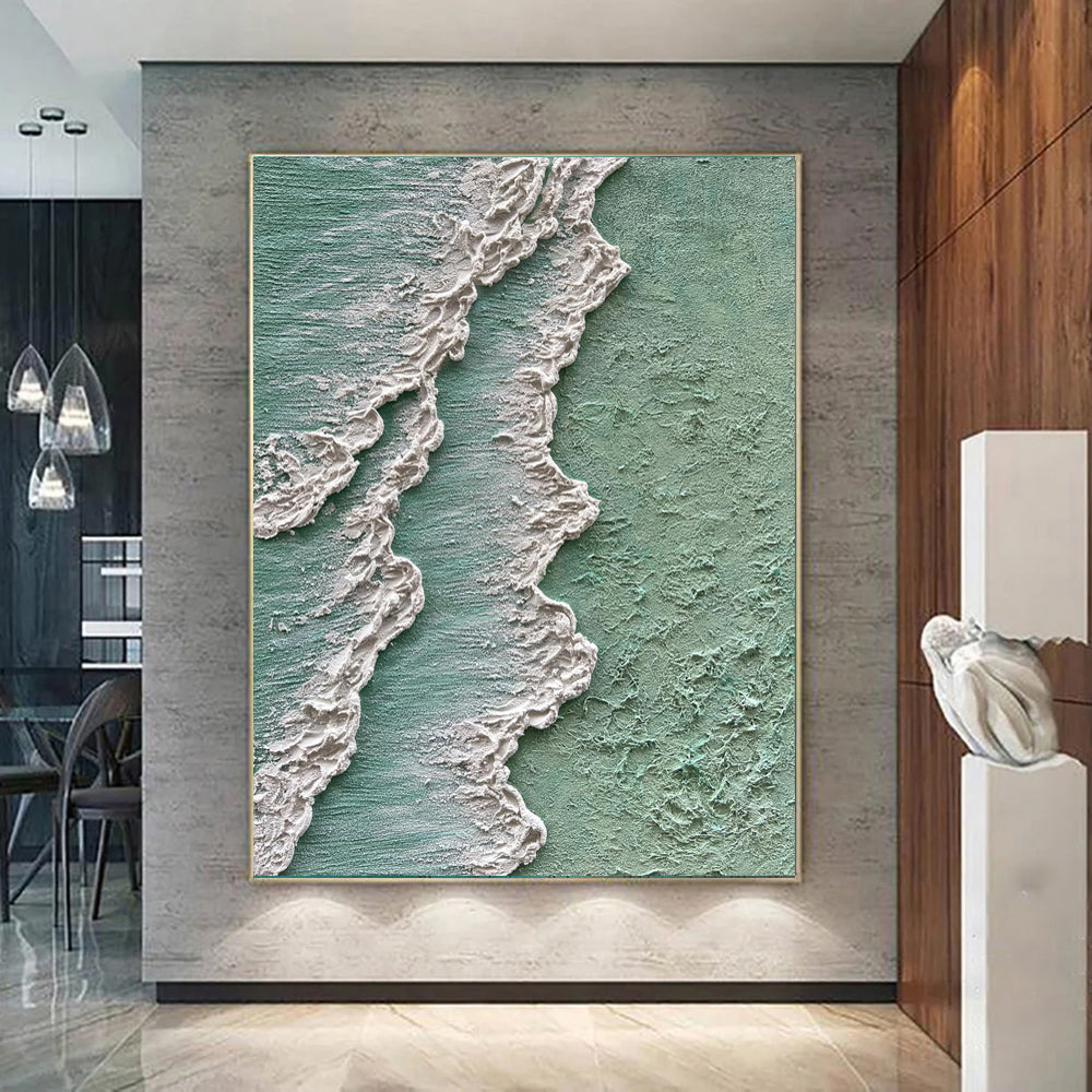 Abstract Ocean Waves Thick Texture Oil Painting Hand Painted Green White Cream Canvas Wall Art Wabi Sabi Home Decor