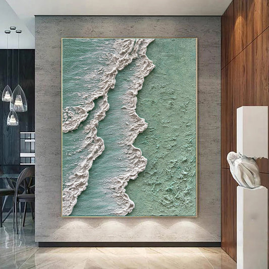 Abstract Ocean Waves Thick Texture Oil Painting Hand Painted Green White Cream Canvas Wall Art Wabi Sabi Home Decor