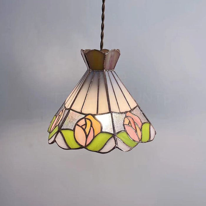 Tea Chestnut French Retro Chandelier – Rose Stained Glass Ceiling Light