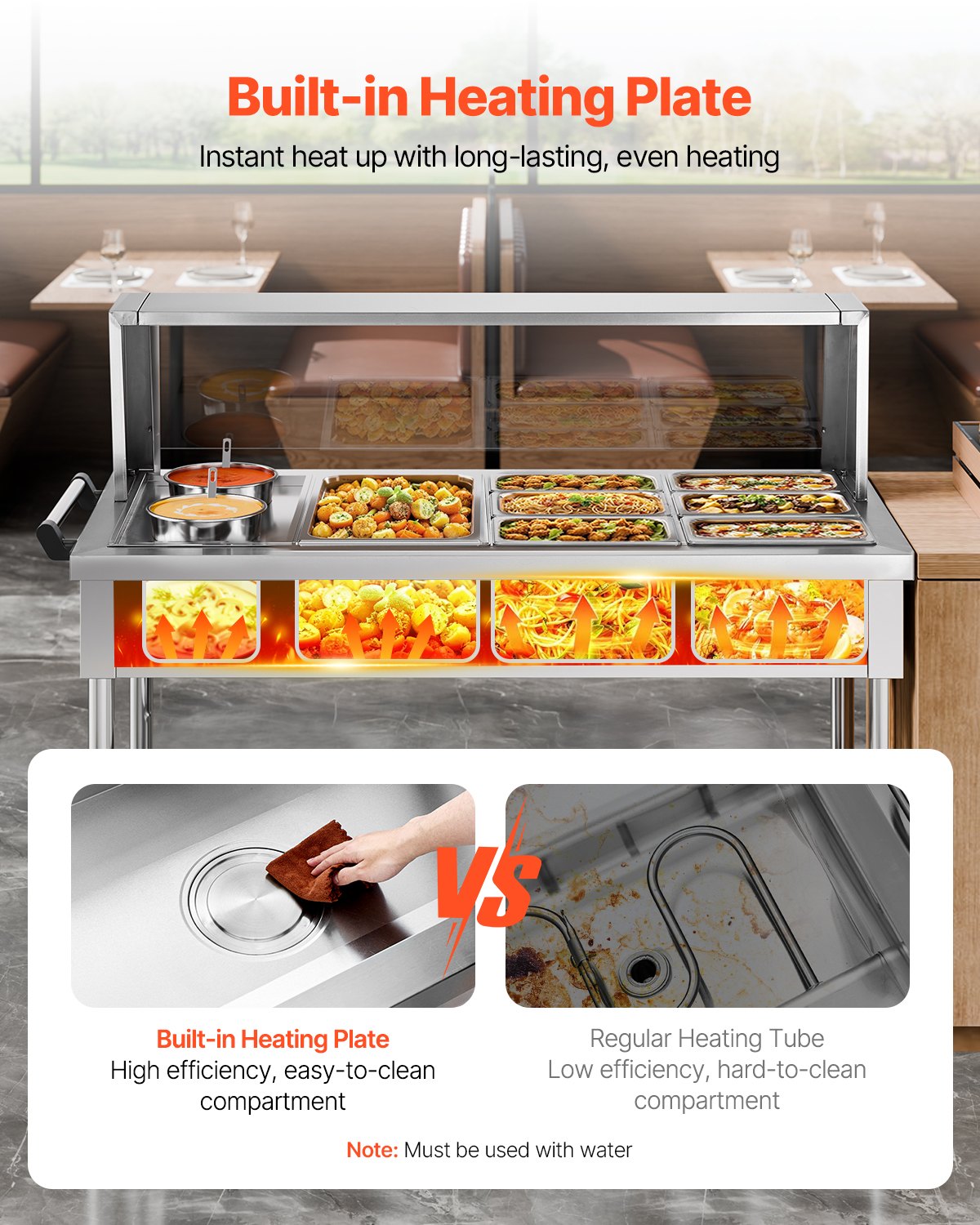 Commercial 7 Pan Food Warmer Steam Table with 2 Pots and Undershelf Shield for Buffet and Catering Use