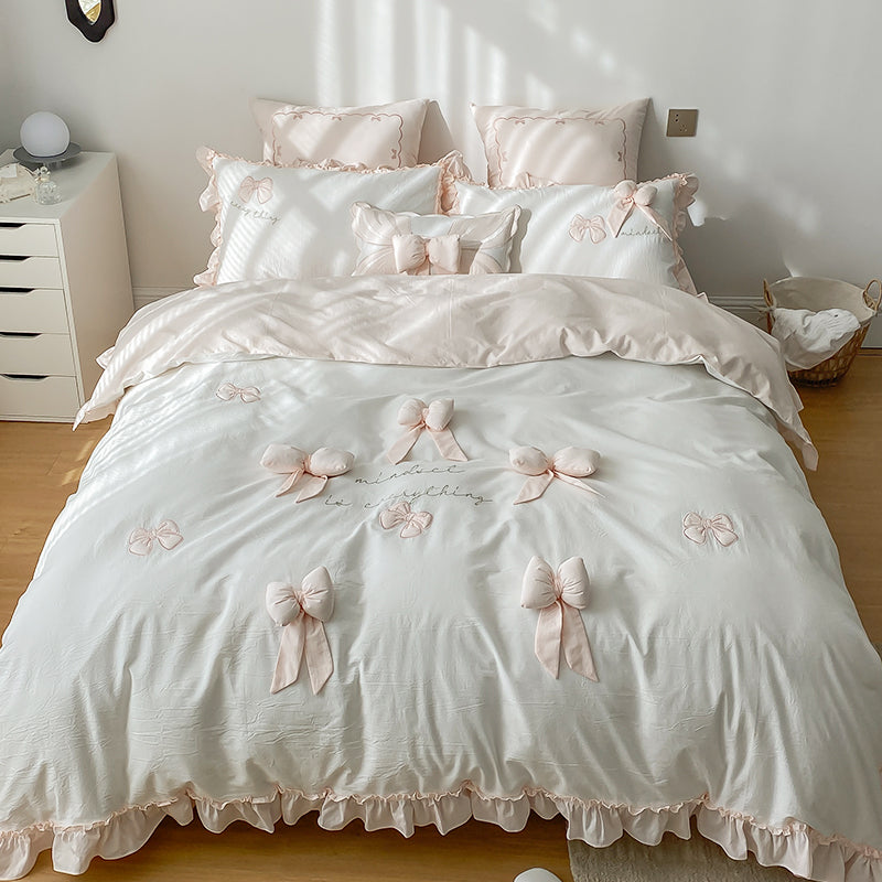 Four Piece Washed Cotton Bedding Set 3D Bow Design Soft Duvet Cover Bed Sheet Pillowcase Set for Bedroom Decor