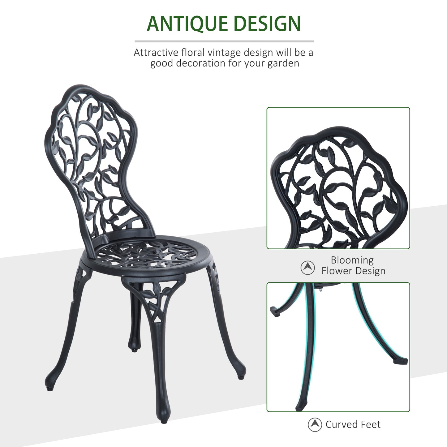 3 Piece Aluminium Bistro Set Garden Furniture Dining Table and Chairs Antique Outdoor Patio Seating Set Black