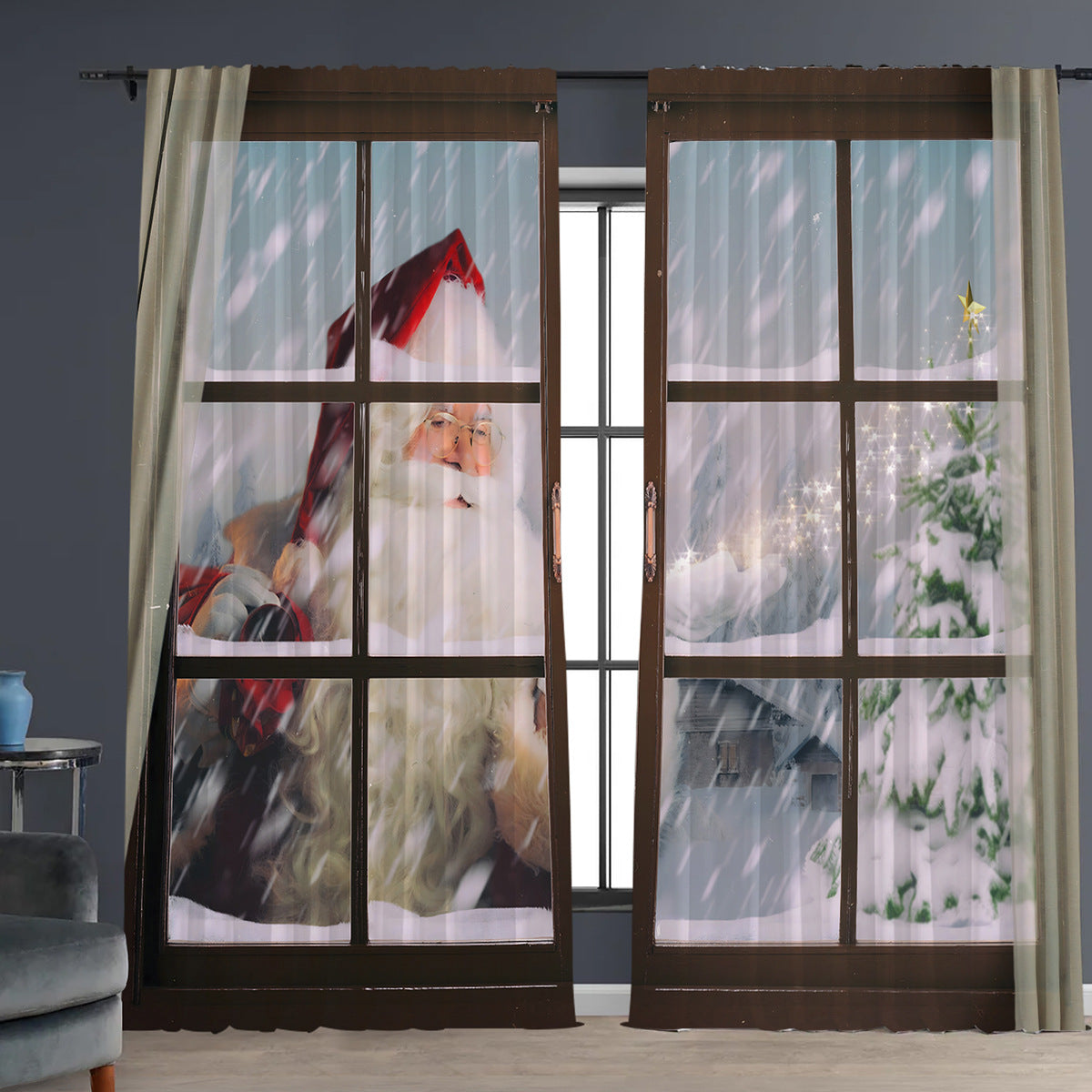 2PCs Christmas Curtains 3D Digital Printing Flower Window Drapes Festive Home Decoration