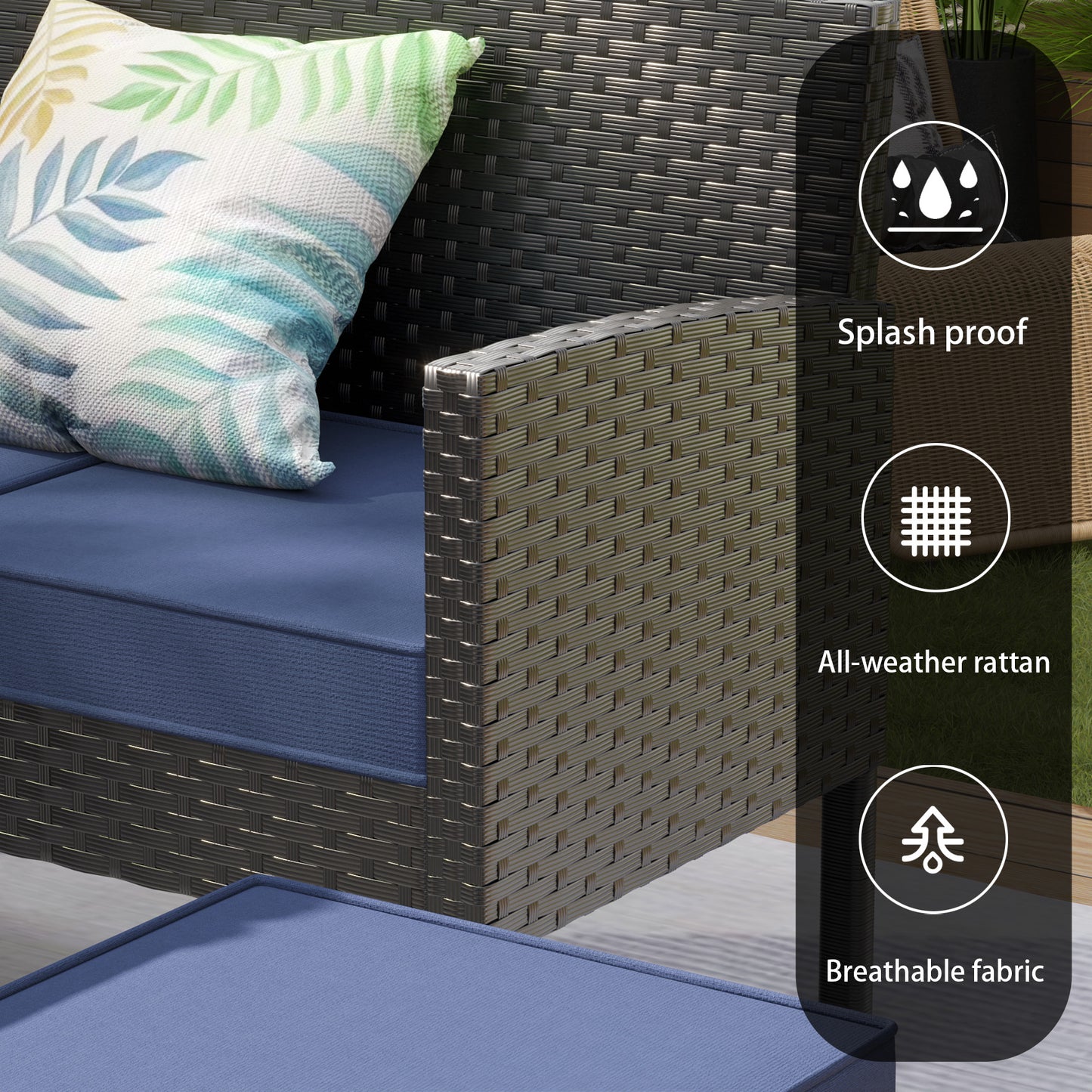 7-Piece Small Space Patio Furniture Set Outdoor Backyard Seating with Waterproof Cushions & Glass Table Dark Blue