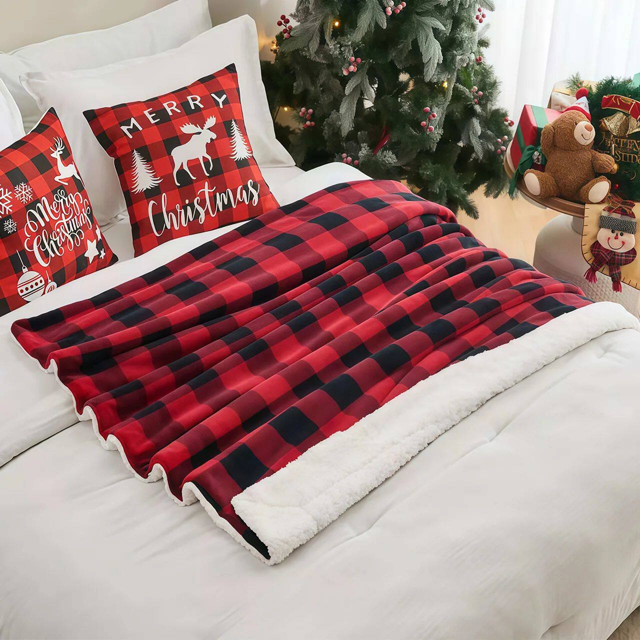 Cozy Sherpa Fleece Buffalo Plaid Blanket Soft Warm Throw Blanket for Sofa Bed Winter Home Decor