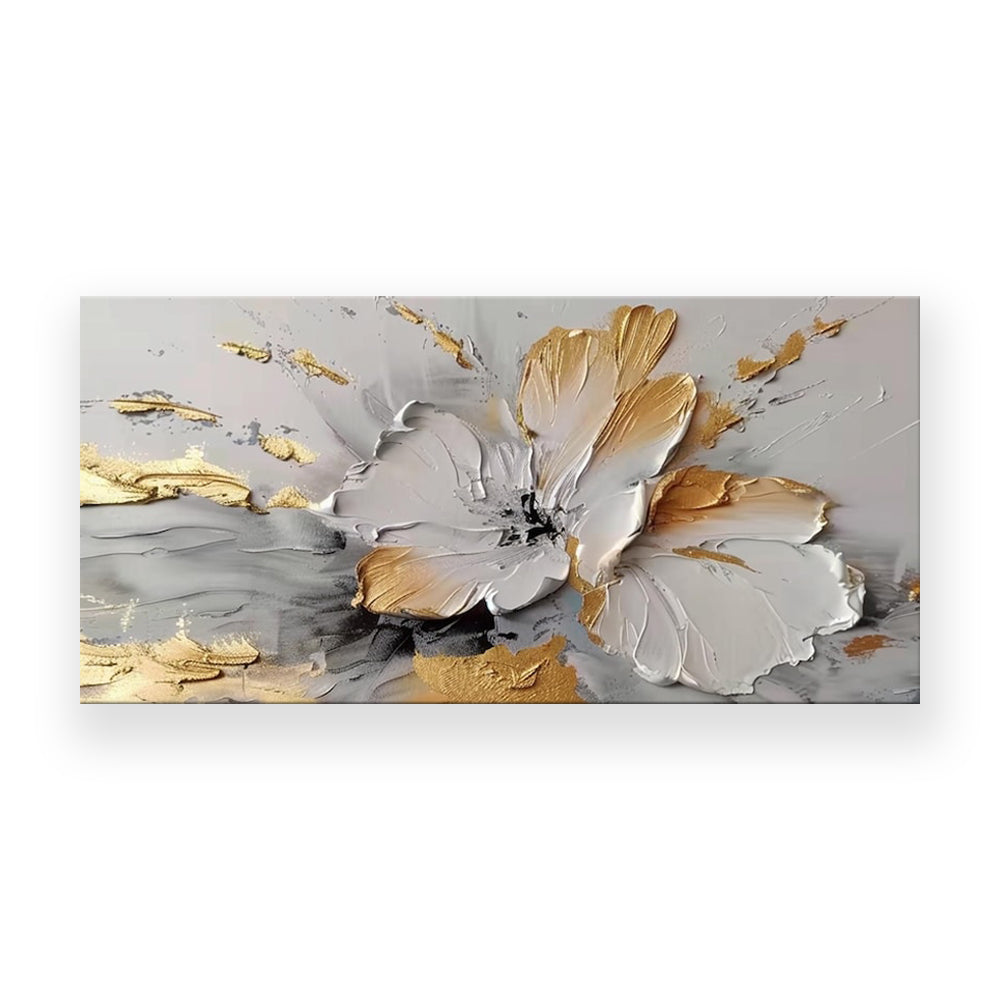 Handmade Abstract Golden White Floral Oil Painting Canvas Wall Art Frameless Unstretched Living Room Decor