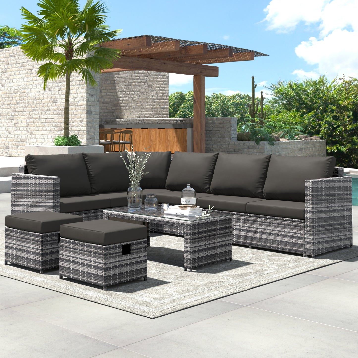 Garden Corner Sofa Set Rattan Outdoor Furniture with Coffee Table and 2 Stools Patio Lounge Set