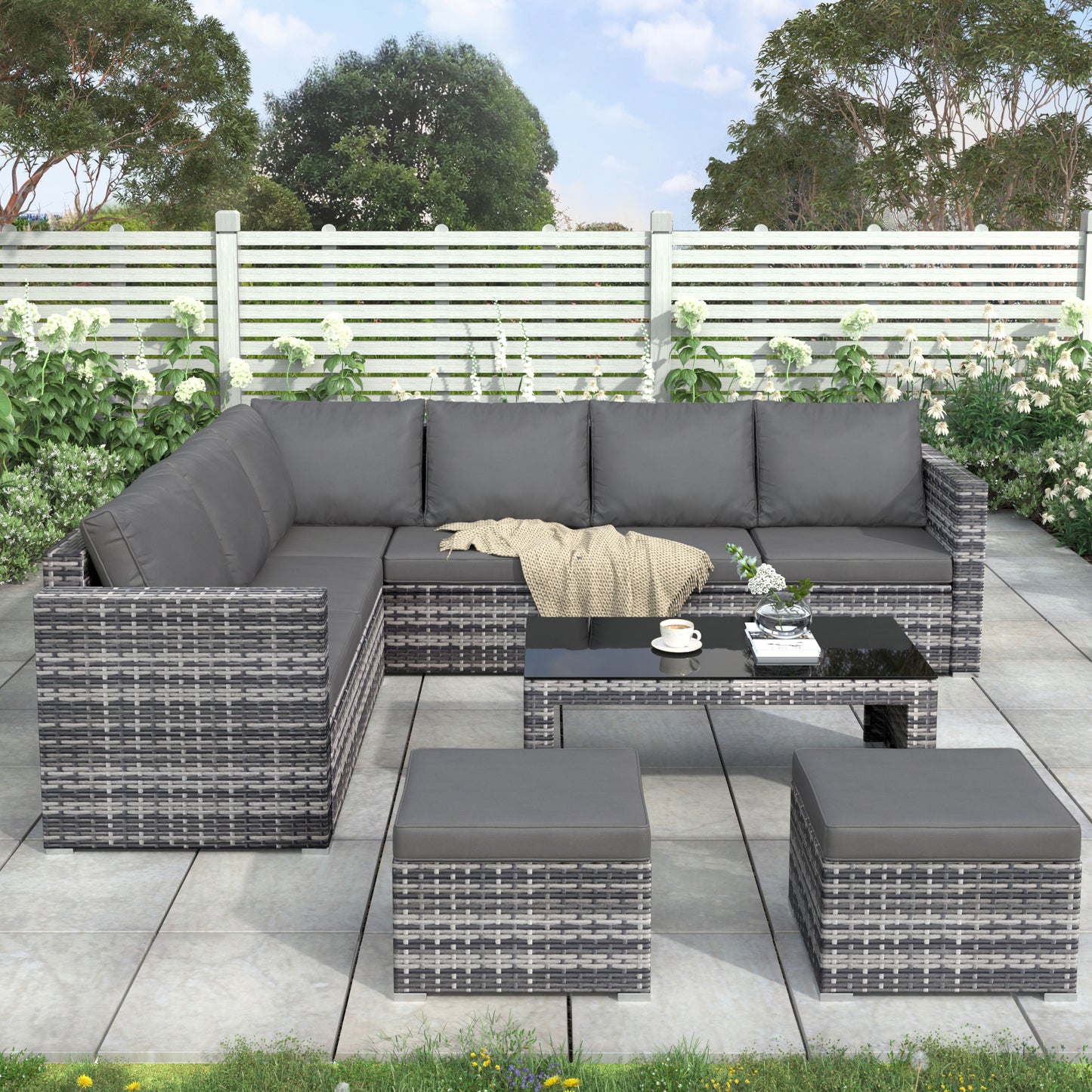 Garden Corner Sofa Set Rattan Outdoor Furniture with Coffee Table and 2 Stools Patio Lounge Set