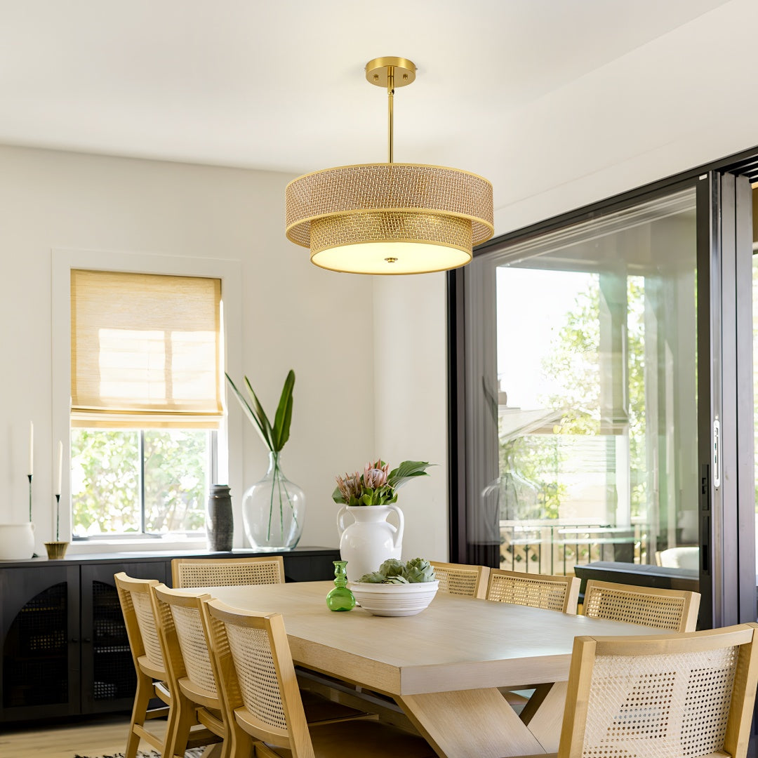 17.7 Inch Woven Rattan Linen Semi Flush Ceiling Light Fixture Farmhouse Pendant Lamp for Bedroom Kitchen Dining Living Room Corridor