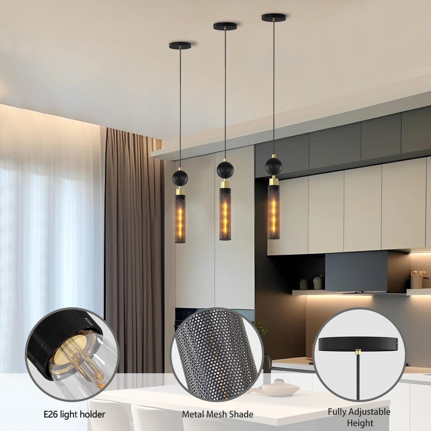 Modern Black Wrought Iron Pendant Light – Adjustable Hanging Chandelier for Kitchen Island, Bedroom & Bathroom