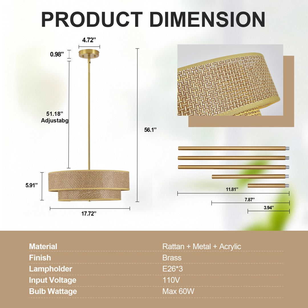 17.7 Inch Woven Rattan Linen Semi Flush Ceiling Light Fixture Farmhouse Pendant Lamp for Bedroom Kitchen Dining Living Room Corridor