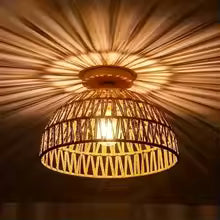 Natural Wabi-Sabi Wicker Ceiling Lamp E27 – Handwoven Rattan Pendant Light for Living Room, Café, Restaurant & Teahouse (Vintage Style)