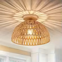 Natural Wabi-Sabi Wicker Ceiling Lamp E27 – Handwoven Rattan Pendant Light for Living Room, Café, Restaurant & Teahouse (Vintage Style)
