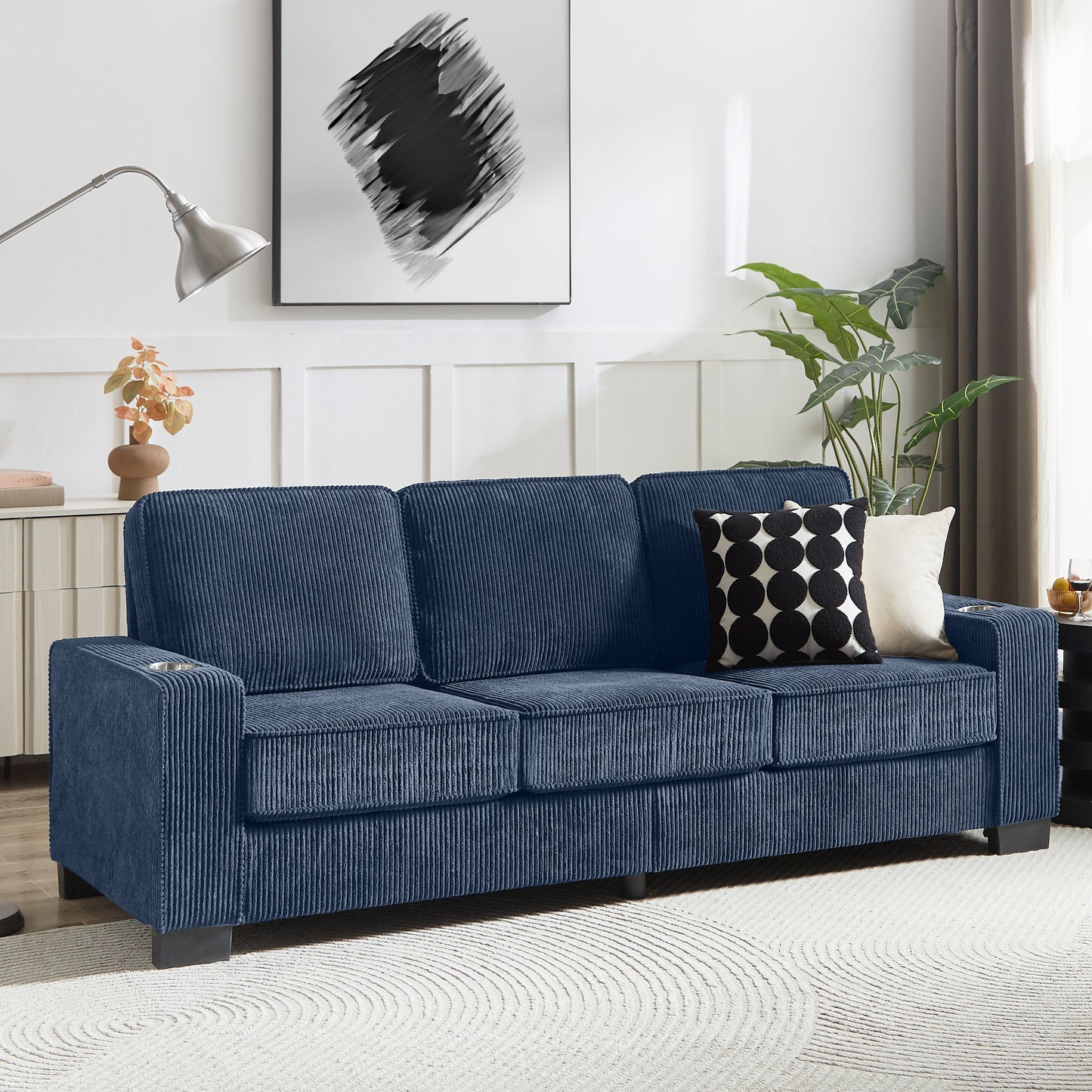 83.86 Inch Corduroy Fabric Sofa Modern 3 Seater Compressed Couch for Living Room Bedroom Office Blue