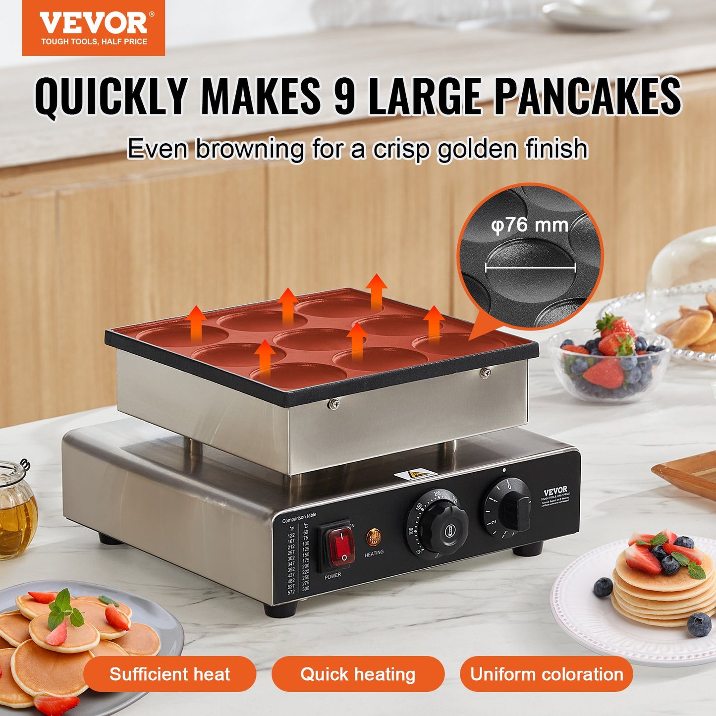 9PCS Dutch Pancake Maker 76mm Commercial Dorayaki Baker 850W Non-Stick Snack Machine for Café and Restaurant Use
