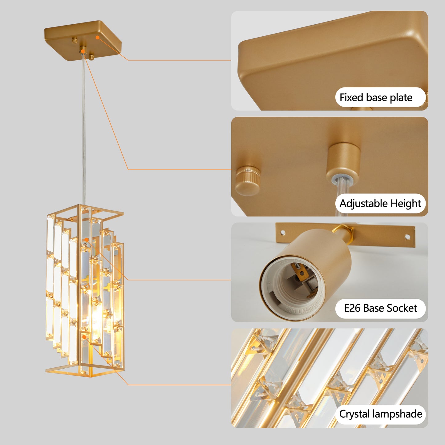 4-Inch Modern Crystal Pendant Light 3-Pack – Golden Adjustable Hanging Lamp for Dining Room & Kitchen Island