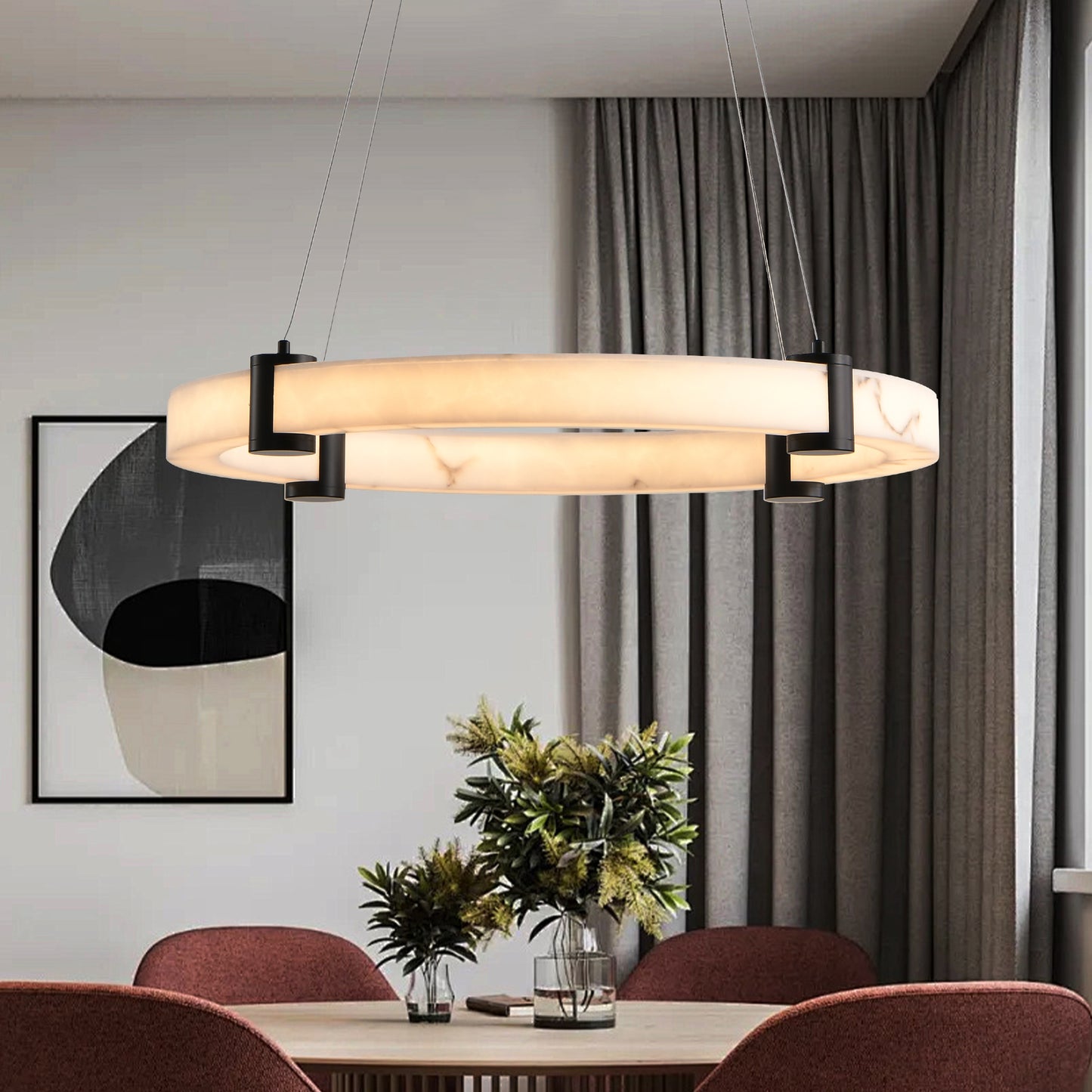 24-Inch Modern LED Pendant Chandelier – Adjustable Height Marble Finish Ceiling Light for Dining, Kitchen & Living Room