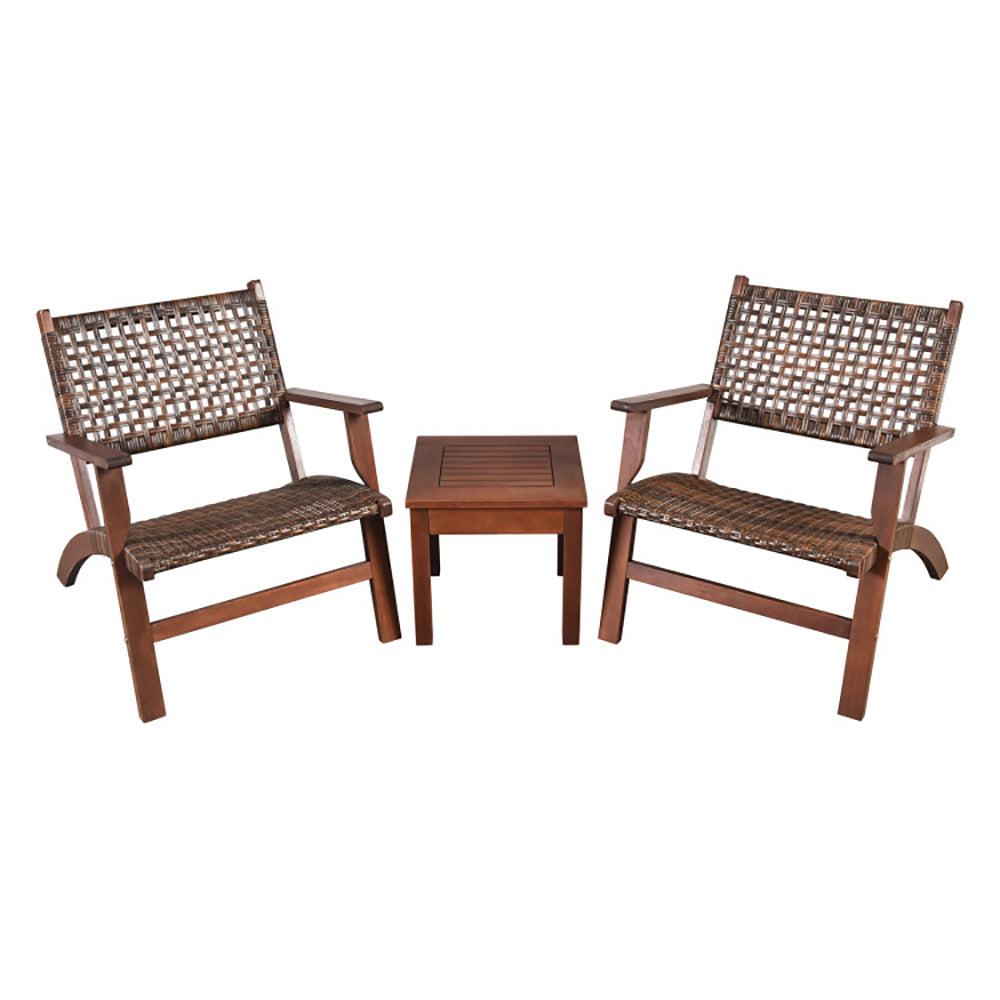 3 Pieces Outdoor Wooden & Rattan Patio Furniture Set Garden Sofa Chair Table Balcony Seating Set