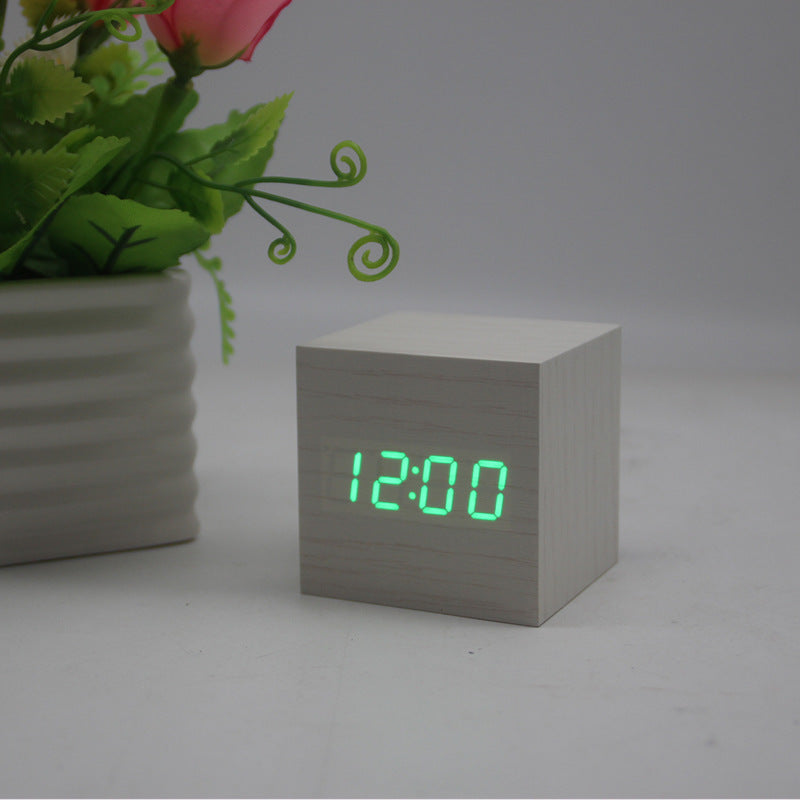 Minimalist Cube Wooden Digital Clock Sound Sensitive LED Display Temperature and Time Desk Alarm Clock