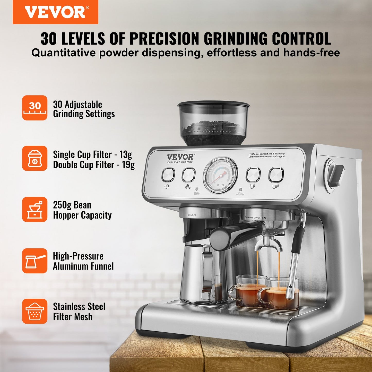 15 Bar Semi Automatic Espresso Machine with Grinder Milk Frother Steam Wand Pressure Gauge Removable Water Tank PID Control for Cappuccino Latte Macchiato