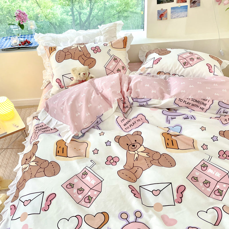 Small Floral Cotton Four Piece Bedding Set Princess Style Duvet Cover Bed Sheet Pillowcase Soft Bedroom Set
