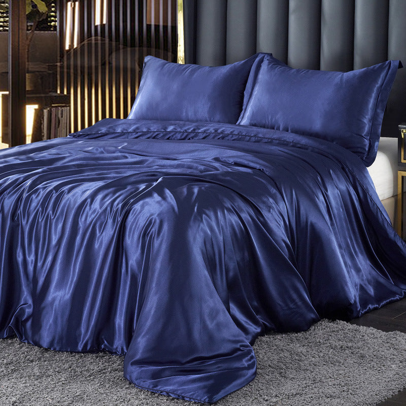 Artificial Silk Double Sided Satin Quilt Cover Bed Sheet 4 Piece Set Luxury Soft Bedding Set