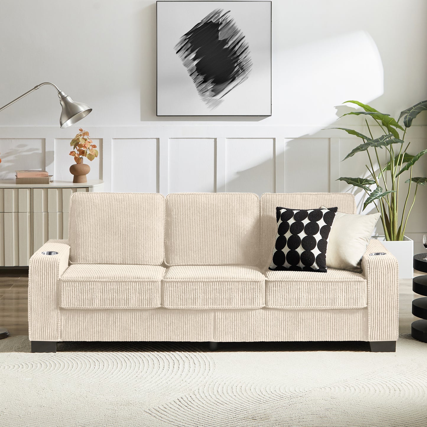 83.86 Inch Corduroy Fabric Sofa Modern 3 Seater Compressed Couch for Living Room Bedroom Office Beige
