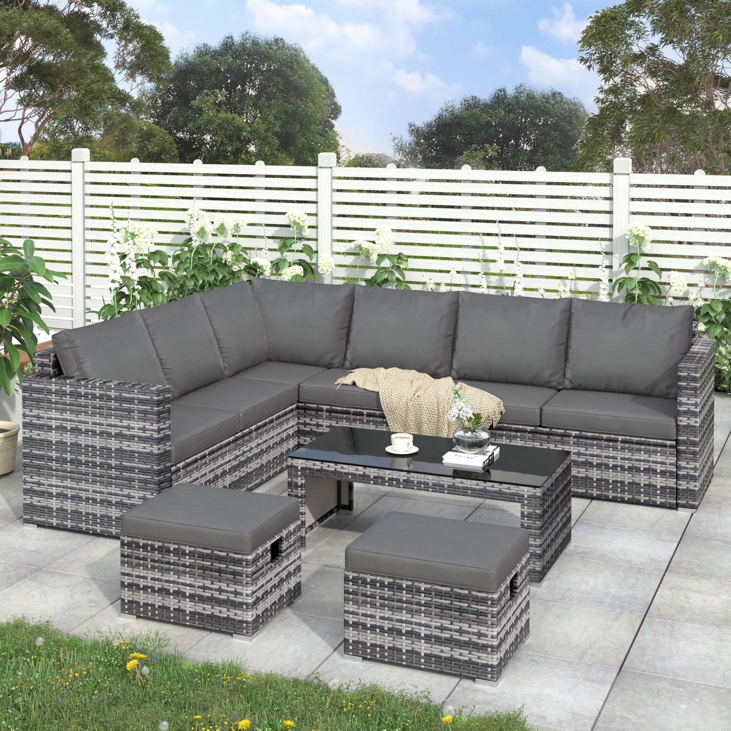 Garden Corner Sofa Set Rattan Outdoor Furniture with Coffee Table and 2 Stools Patio Lounge Set