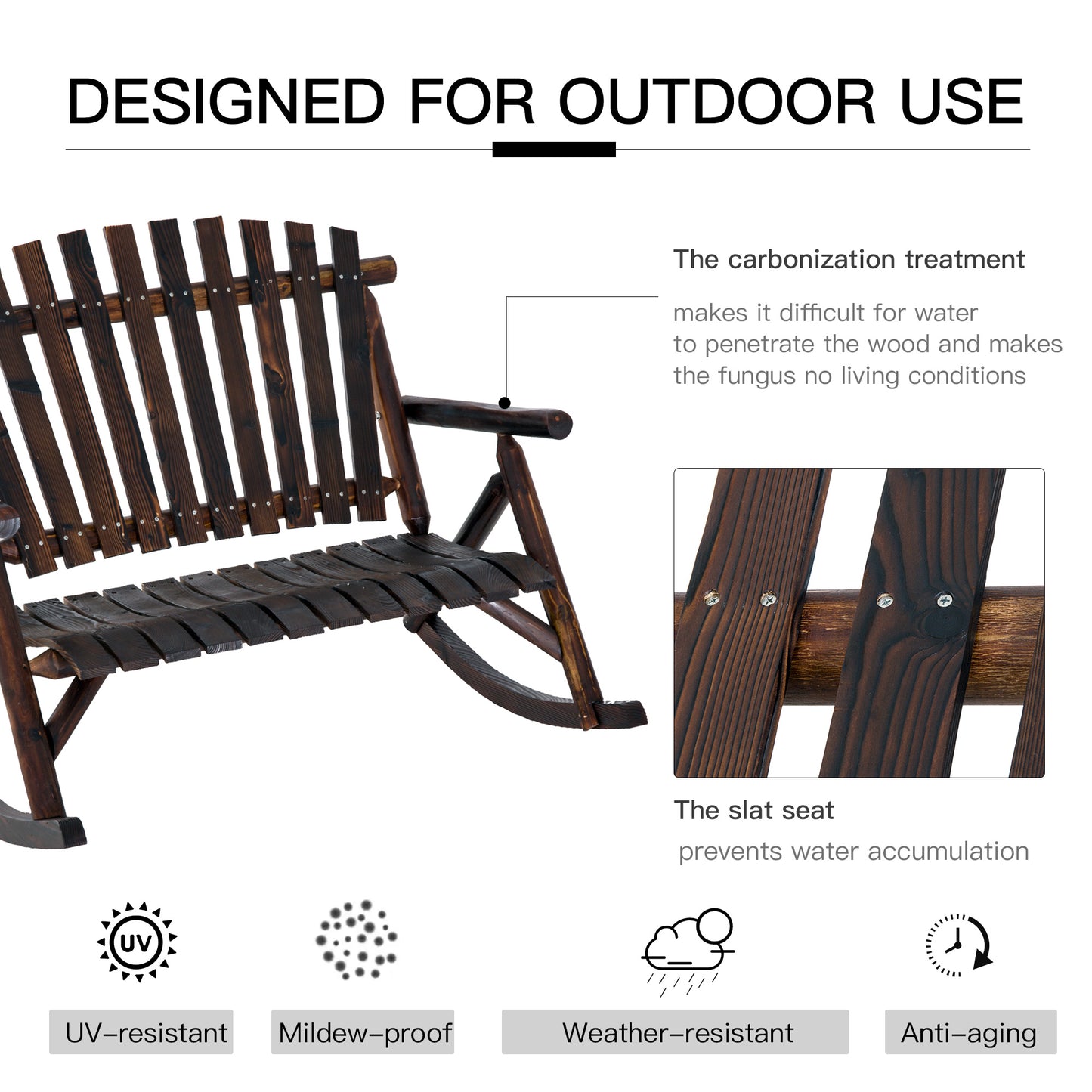 Classic Wooden High-Back Rocking Chair Carbonized Outdoor Garden Furniture Relaxing Porch Rocker Durable Design