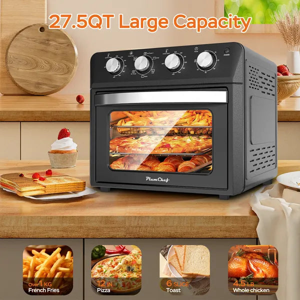 27.5QT 6 in 1 Air Fryer Toaster Oven Dropdown Door 6 Slice Countertop Convection Oven for Air Frying Baking Roasting Broiling and Grilling 1600W Black
