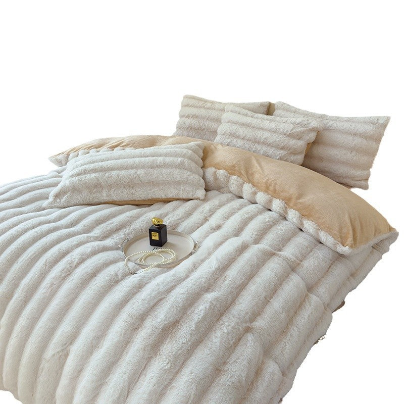 Milk Fiber Thick Rabbit Fur 4-Piece Bedding Set Autumn Winter Warm Fluffy Soft Breathable Bed Set