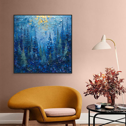 Blue Forest Landscape Oil Painting Large Vintage Abstract Tree Canvas Wall Art Living Room Home Decor