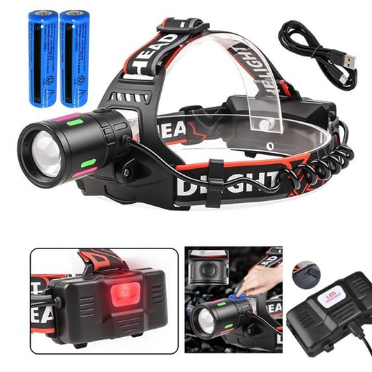 USB Rechargeable LED Headlamp – Zoom Head Torch with 3 Modes & Dual Li-ion Batteries for Camping & Work