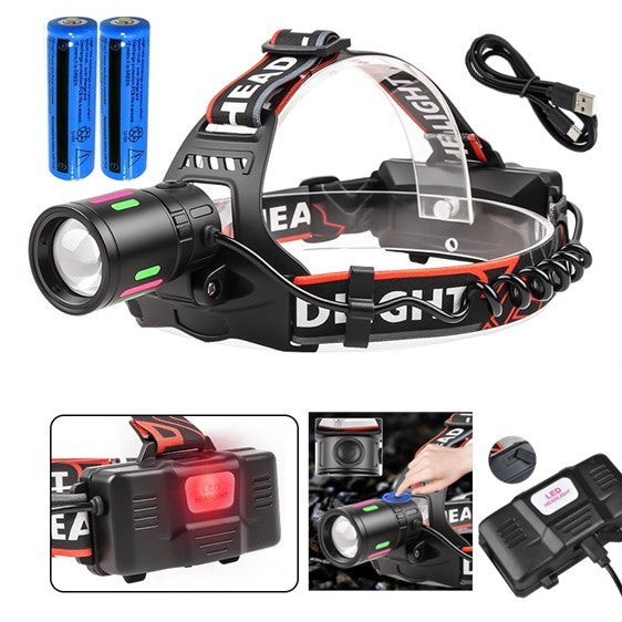 USB Rechargeable LED Headlamp – Zoom Head Torch with 3 Modes & Dual Li-ion Batteries for Camping & Work