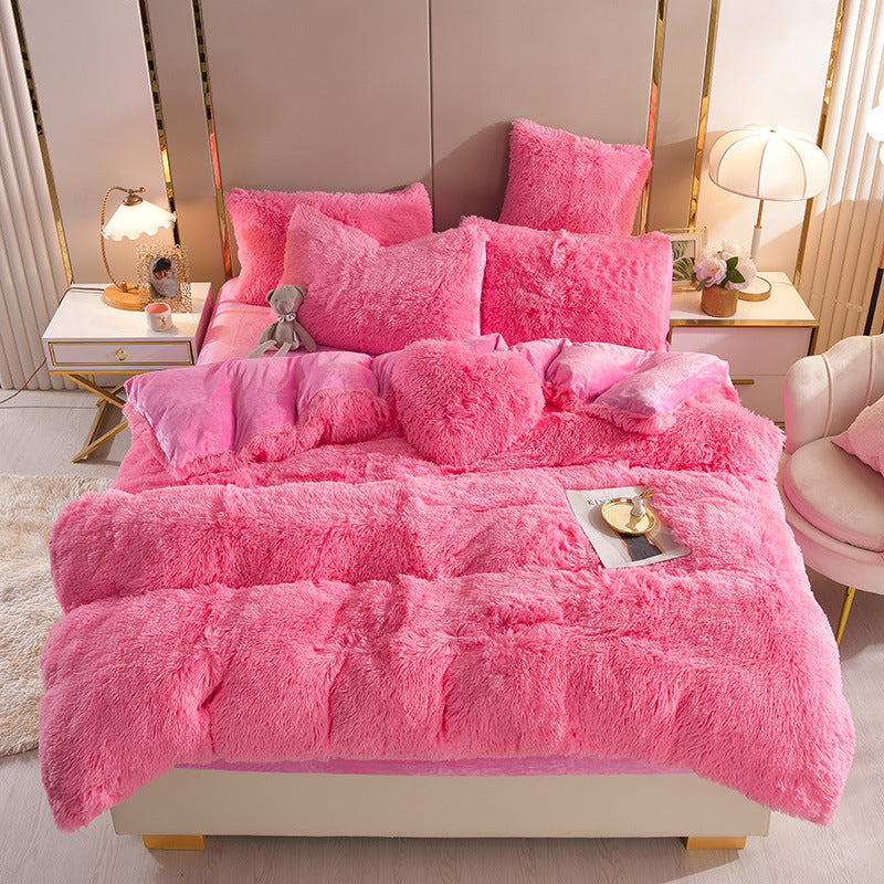 Plush Thickened Warm Mink Fur Four Piece Bedding Set Soft Winter Duvet Cover Bed Sheet Pillowcase Set