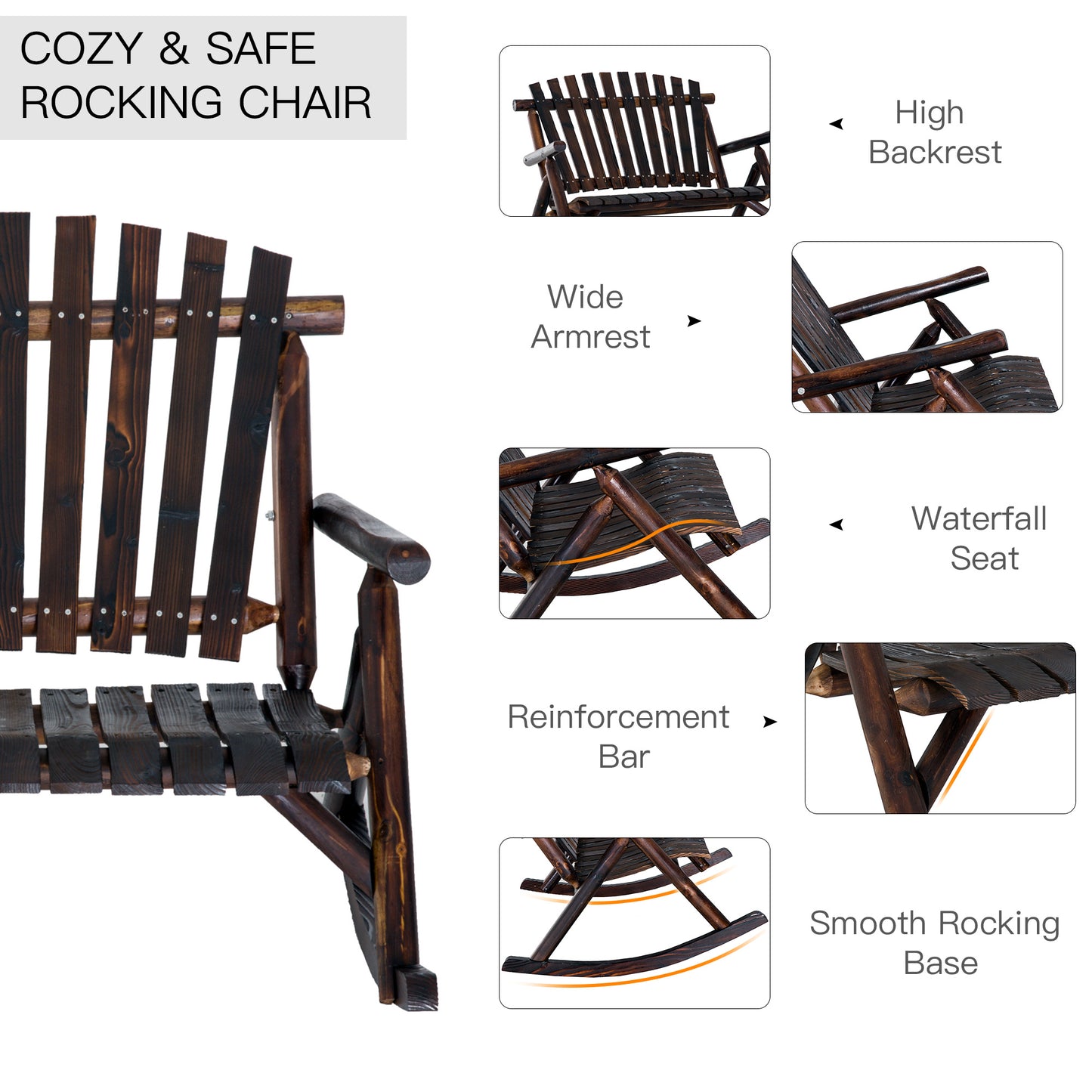 Classic Wooden High-Back Rocking Chair Carbonized Outdoor Garden Furniture Relaxing Porch Rocker Durable Design
