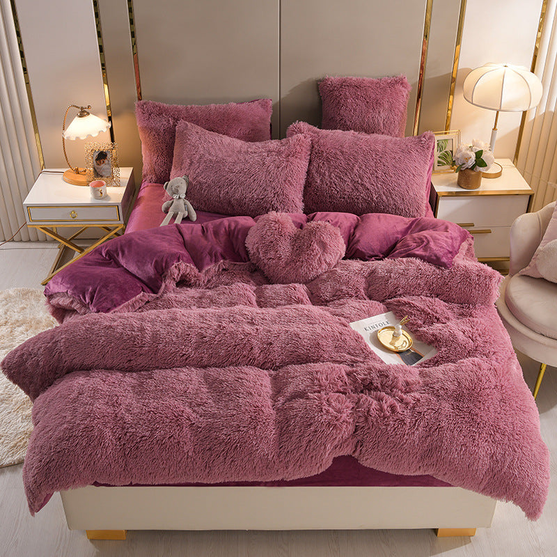Plush Thickened Warm Mink Fur Four Piece Bedding Set Soft Winter Duvet Cover Bed Sheet Pillowcase Set