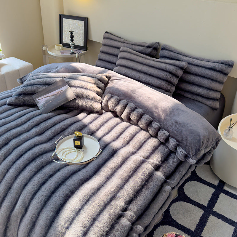 Milk Fiber Thick Rabbit Fur 4-Piece Bedding Set Autumn Winter Warm Fluffy Soft Breathable Bed Set