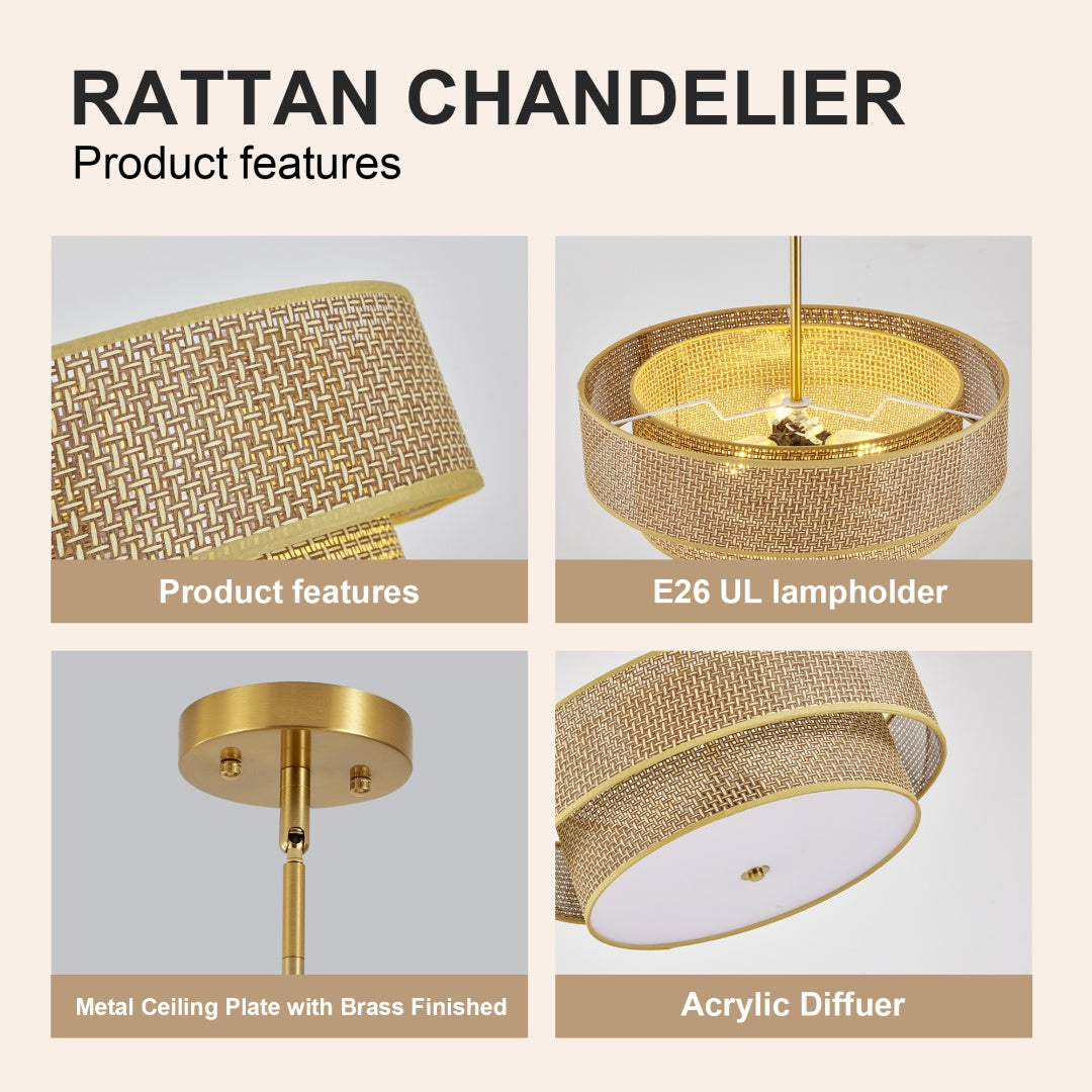 17.7 Inch Woven Rattan Linen Semi Flush Ceiling Light Fixture Farmhouse Pendant Lamp for Bedroom Kitchen Dining Living Room Corridor