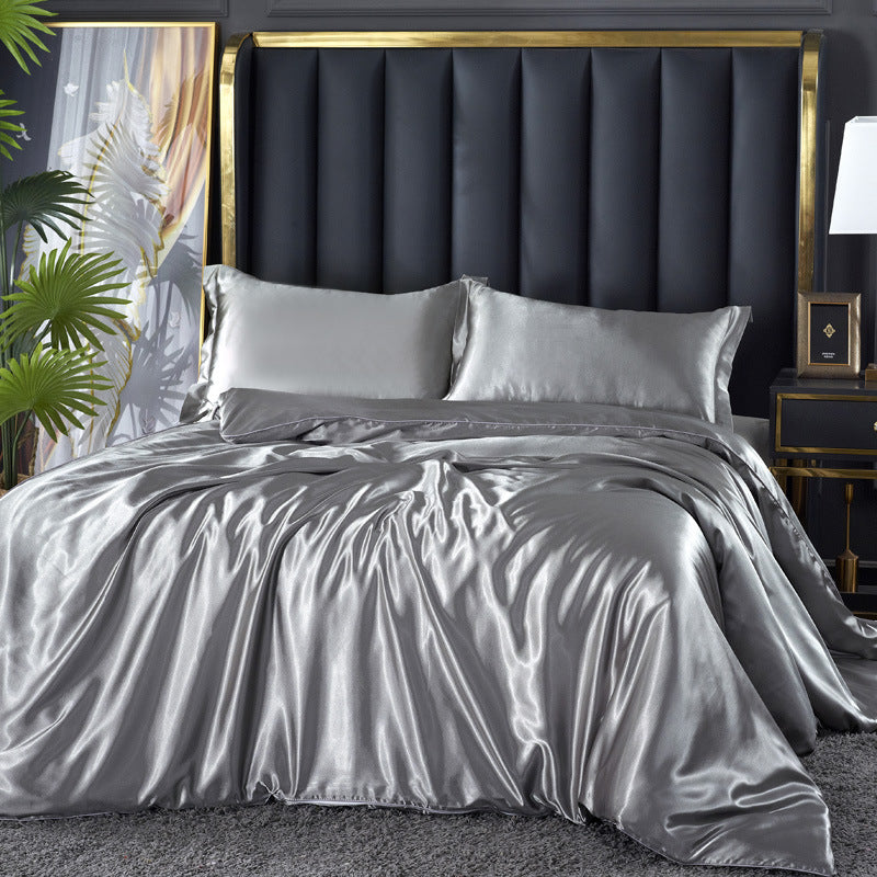 Artificial Silk Double Sided Satin Quilt Cover Bed Sheet 4 Piece Set Luxury Soft Bedding Set