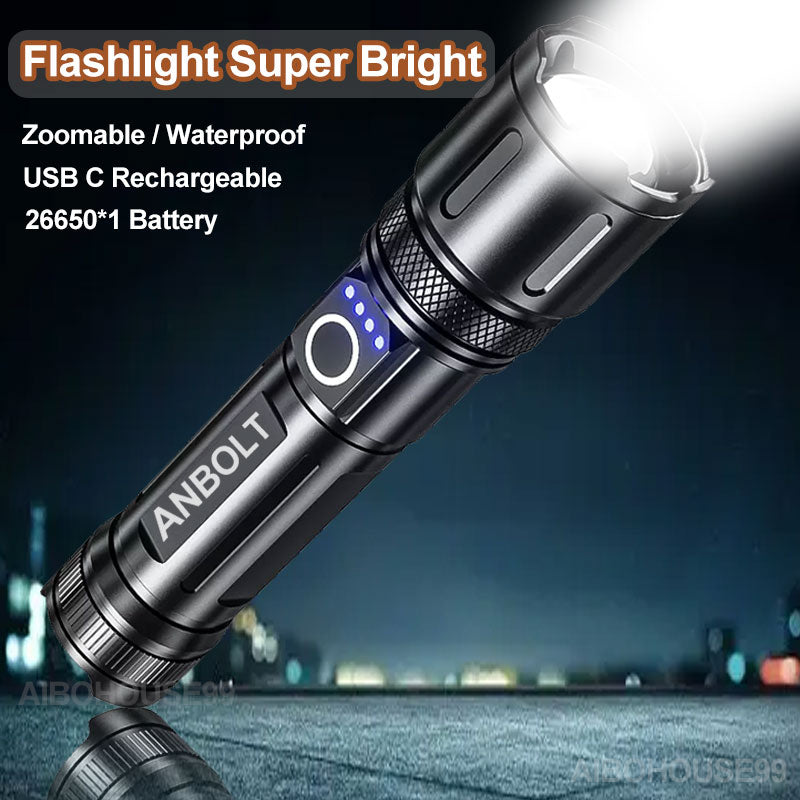 Super Bright USB-C Rechargeable LED Flashlight Zoom Long Range Waterproof High Power Torch Light