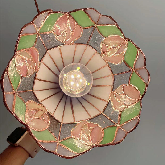 Tea Chestnut French Retro Chandelier – Rose Stained Glass Ceiling Light